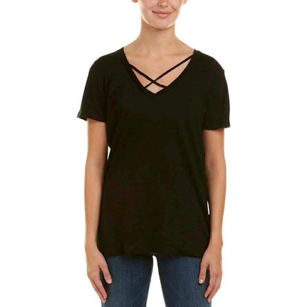 Philanthropy Women's Black Short Sleeve Criss-Cross Neckline Robbie Top Size XS